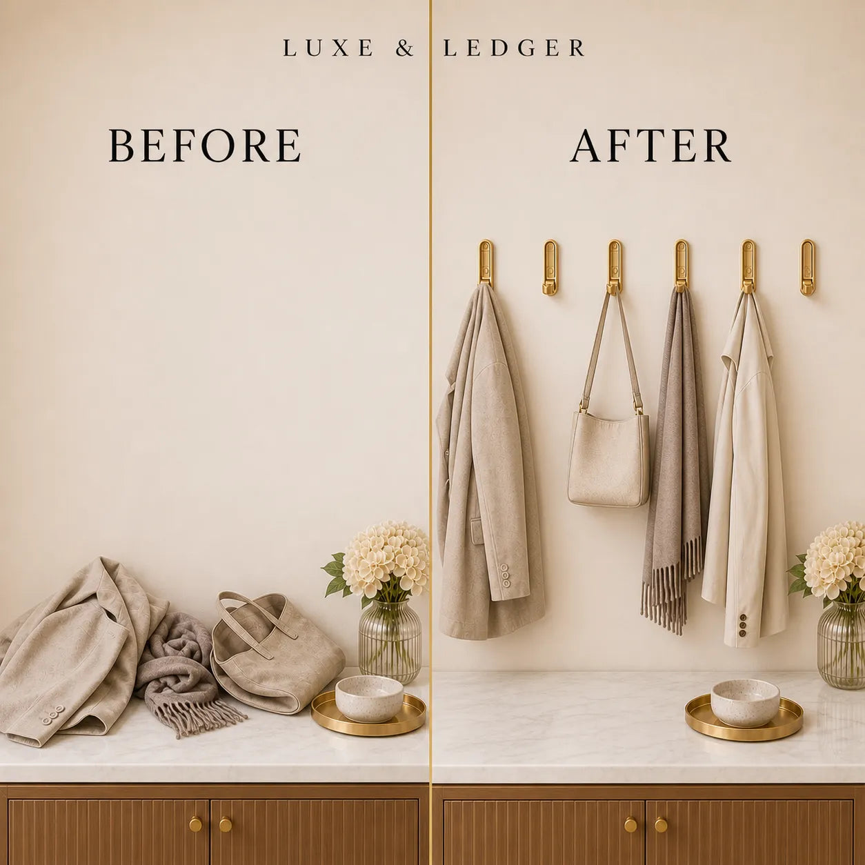 Before and after comparison of a wall-mounted coat rack with clothes and decor items.
