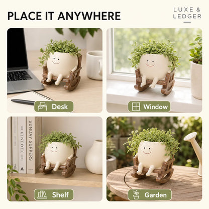 Decorative plant pot with a smiling face in various settings like desk, window, shelf, and garden.