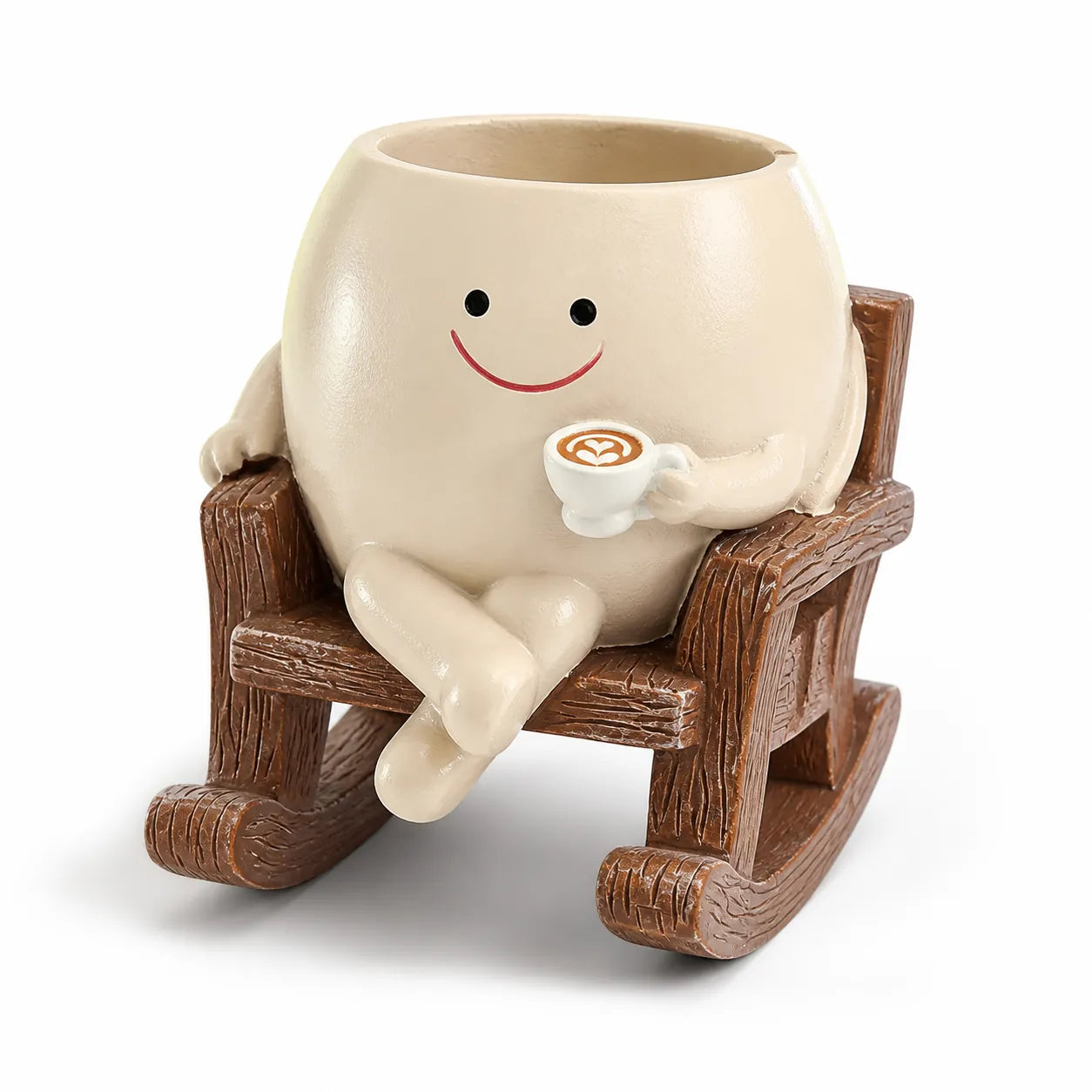 Ceramic mug with a face sitting in a wooden chair holding a cup of coffee on a white background