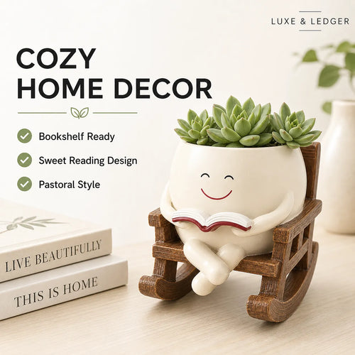 Decorative planter with a smiling face reading a book on a wooden chair, with books and text in the background.