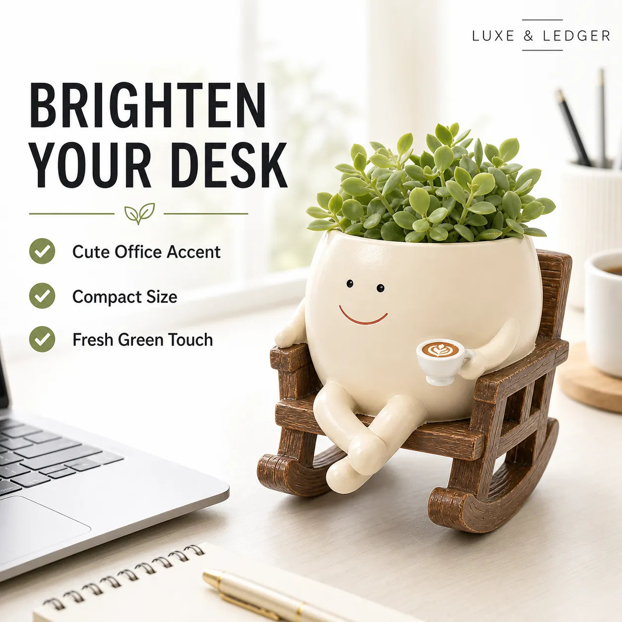 Decorative plant pot with a face sitting on a rocking chair on a desk, with text promoting its use as an office accent.