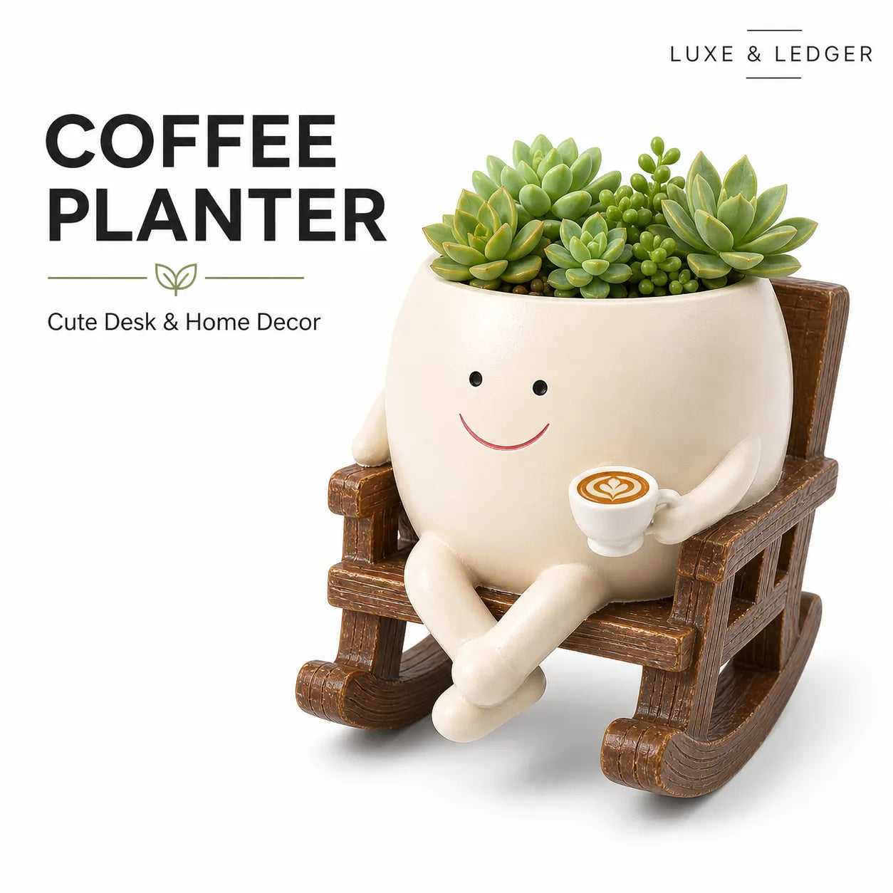 Coffee planter with succulents sitting in a rocking chair holding a cup of coffee, on a white background.