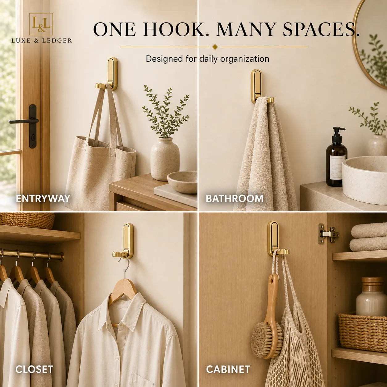 Collage of a gold hook used in various home settings including entryway, bathroom, closet, and cabinet.