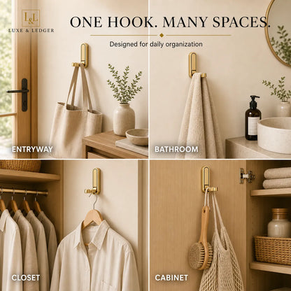 Collage of a gold hook used in various home settings including entryway, bathroom, closet, and cabinet.