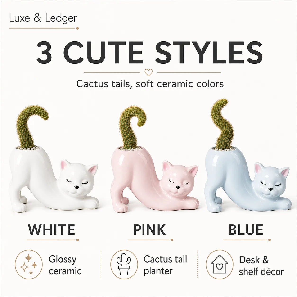 Three ceramic cat-shaped planters in white, pink, and blue with cactus tails on a white background.