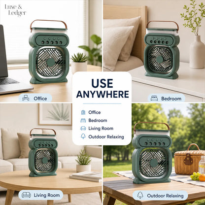 Portable fan with multiple uses in different settings, including office, bedroom, living room, and outdoor relaxing.