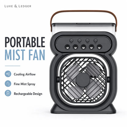 Portable mist fan with features listed on a white background