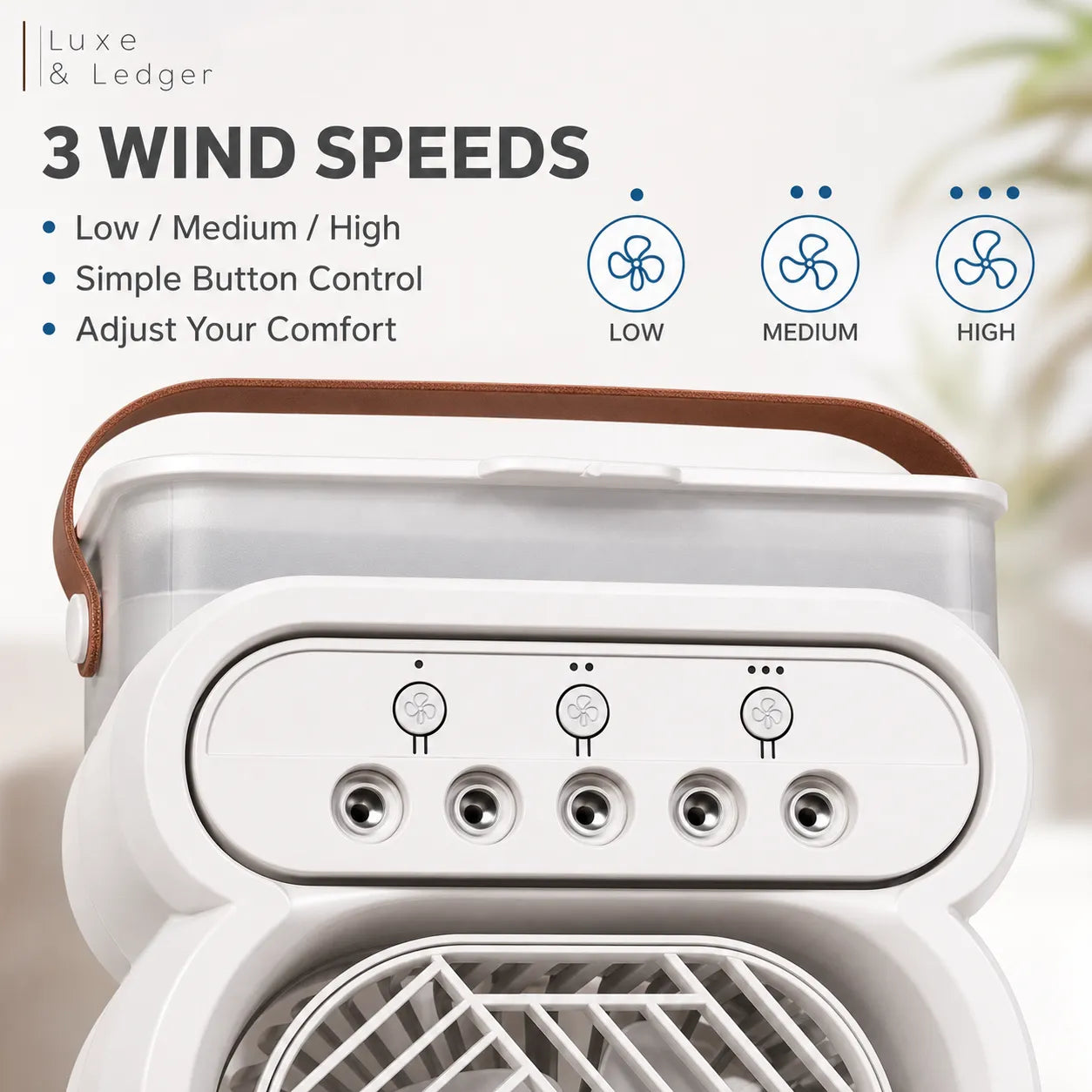 Portable fan with three wind speed settings labeled Low, Medium, and High on a white background.