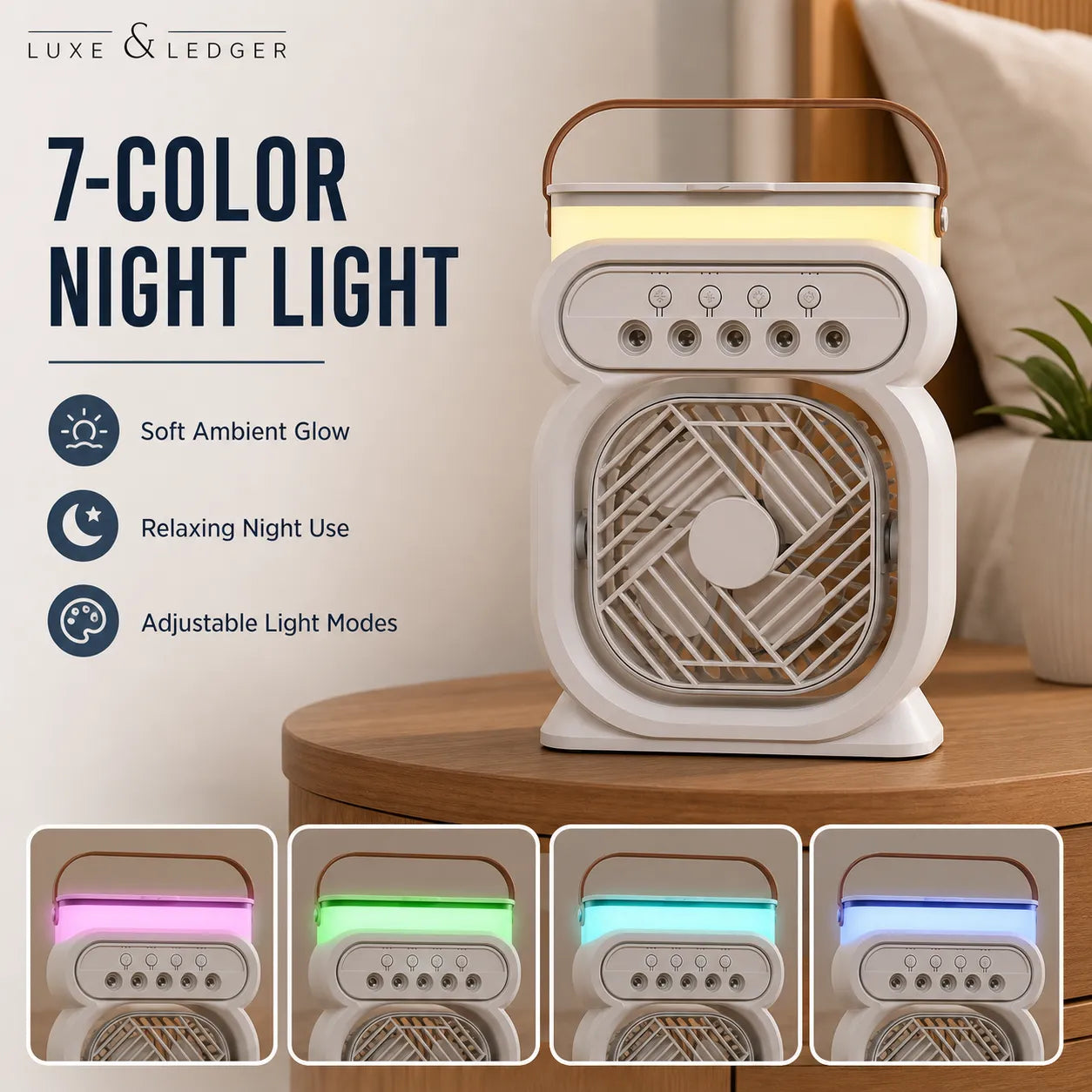 7-color night light with adjustable light modes on a wooden surface.