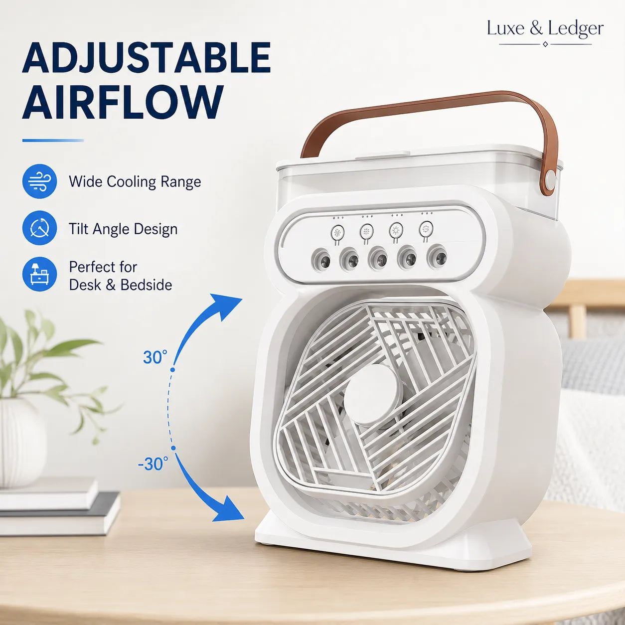 White portable fan with brown handle on a wooden surface, featuring adjustable airflow and cooling range text.