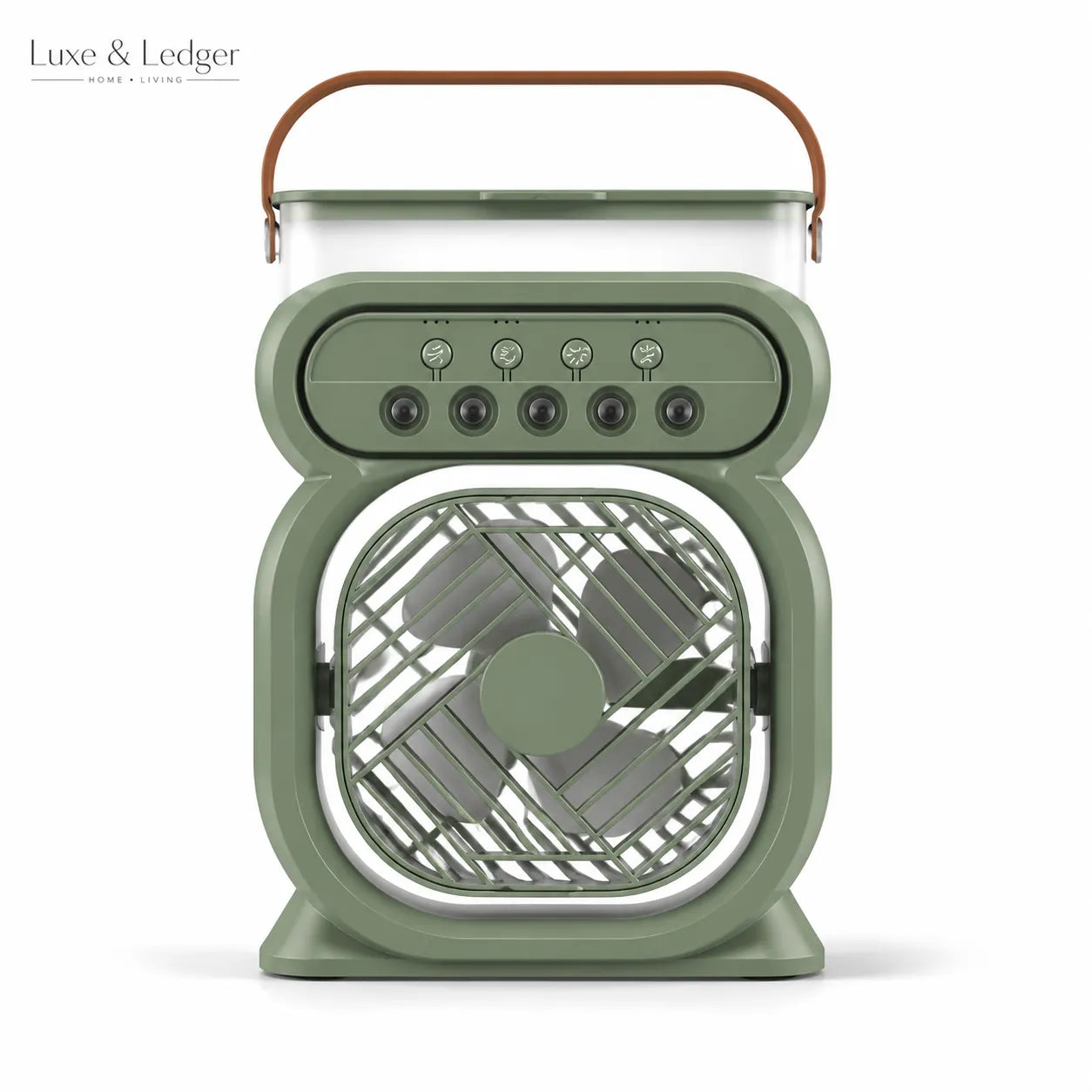Green portable fan with brown handle on a white background, branded 'Luxe & Ledger'.