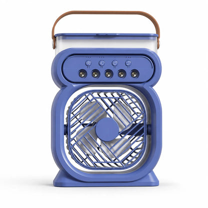 Blue portable fan with a brown handle on a white background