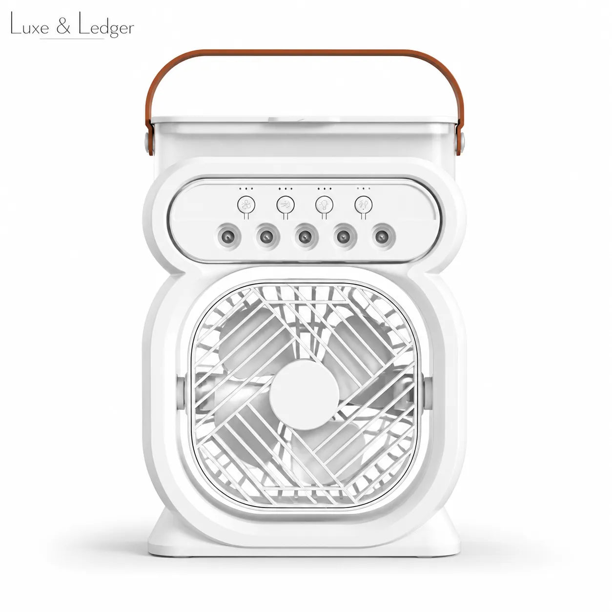 Portable fan with a brown handle on a white background, branded 'Luxe & Ledger'.