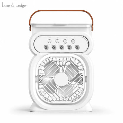 Portable fan with a brown handle on a white background, branded 'Luxe & Ledger'.