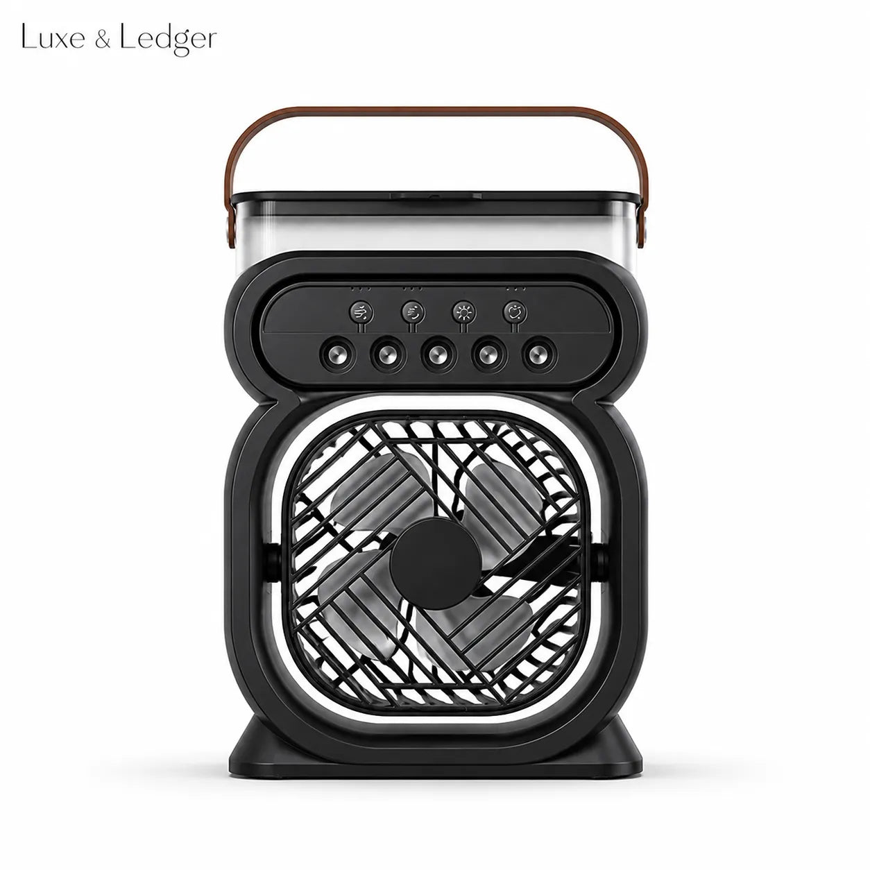 Portable fan with a stylish design on a white background, featuring the brand 'Luxe & Ledger'.