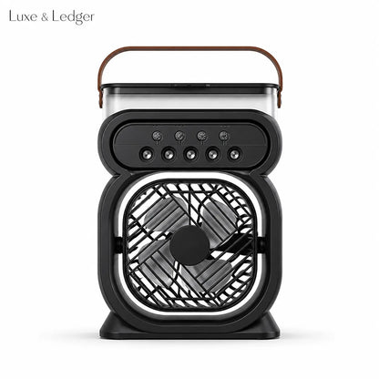 Portable fan with a stylish design on a white background, featuring the brand 'Luxe & Ledger'.