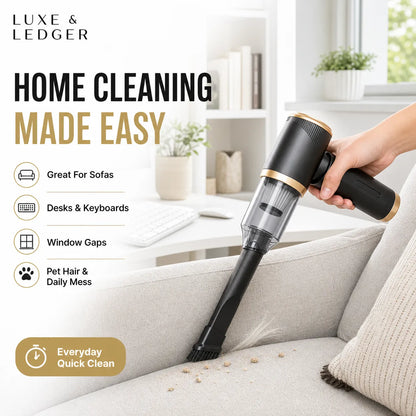 Handheld vacuum cleaner being used on a sofa with text highlighting its cleaning capabilities.
