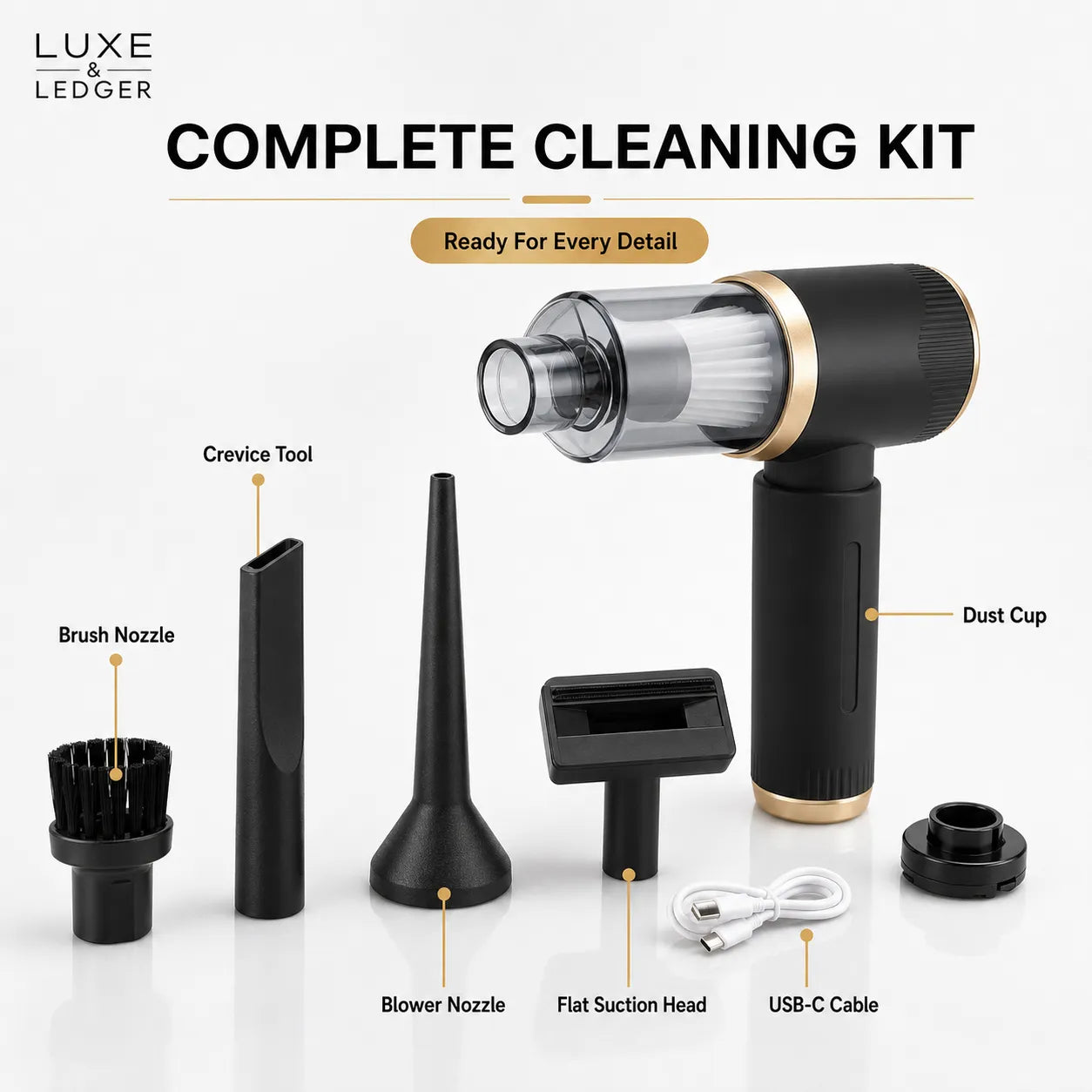 Luxe & Ledger complete cleaning kit with various attachments on a white background