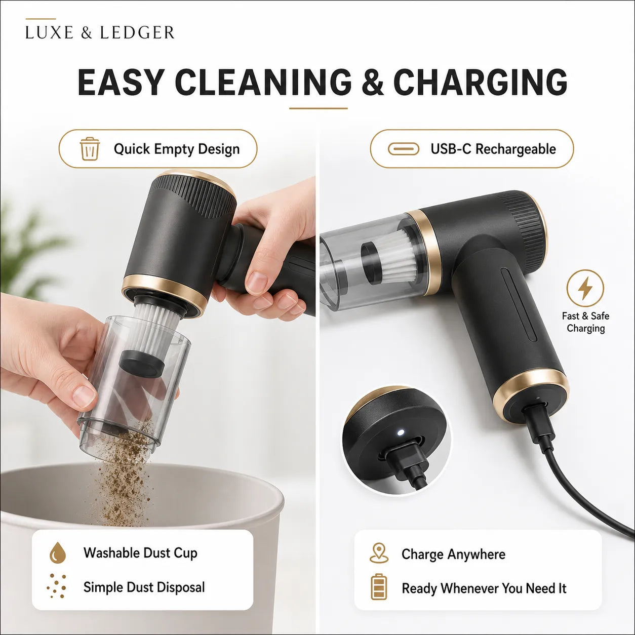 Black handheld vacuum cleaner with USB-C charging feature on a white background, featuring Luxe & Ledger branding.