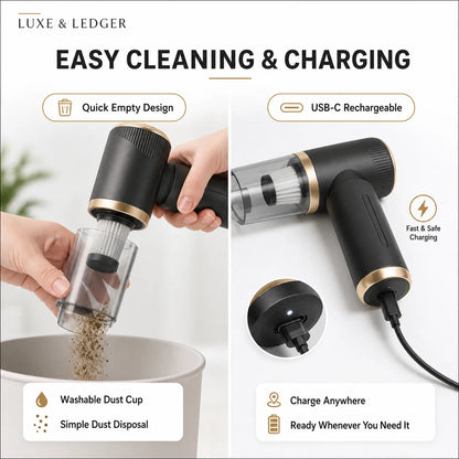 Black handheld vacuum cleaner with USB-C charging feature on a white background, featuring Luxe & Ledger branding.