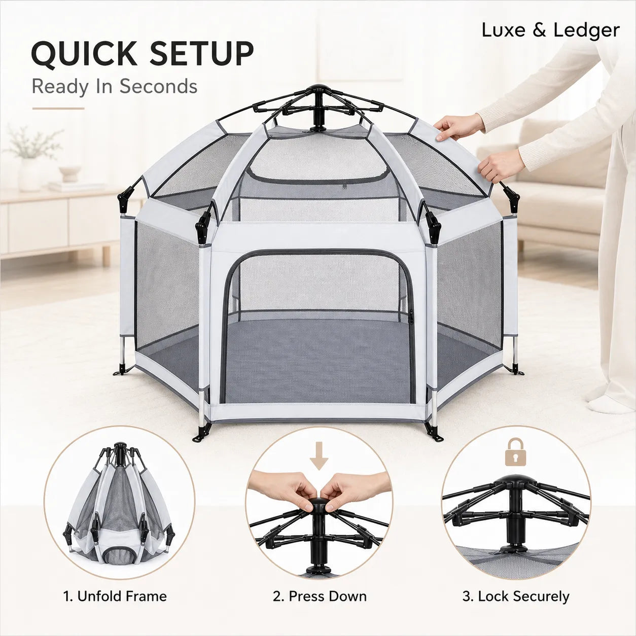 Pet playpen with quick setup instructions on a white background