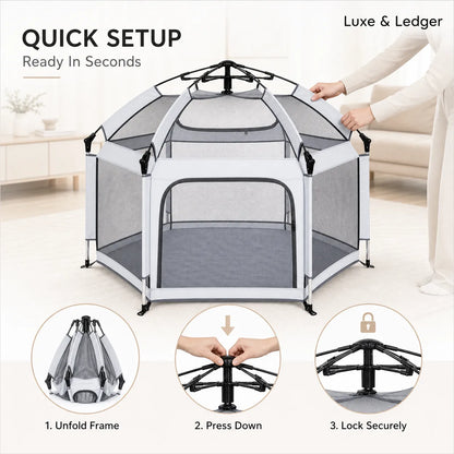 Pet playpen with quick setup instructions on a white background