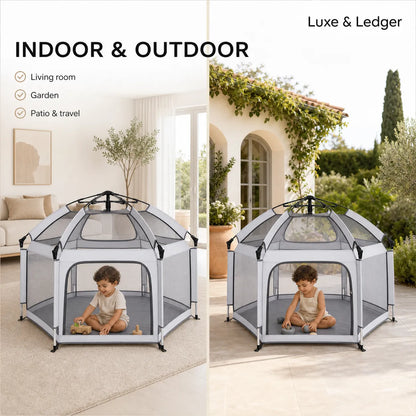 Children's playpen shown indoors and outdoors with a child inside.
