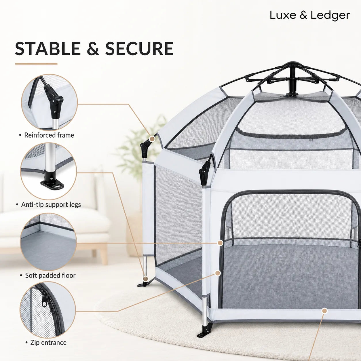 Pet playpen with features highlighted on a white background