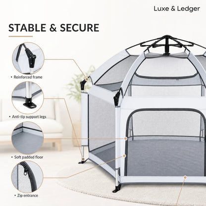Pet playpen with features highlighted on a white background