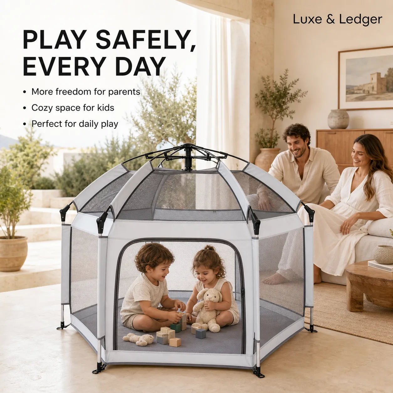 Children playing inside a portable playpen with parents sitting outside, promoting safety and coziness.