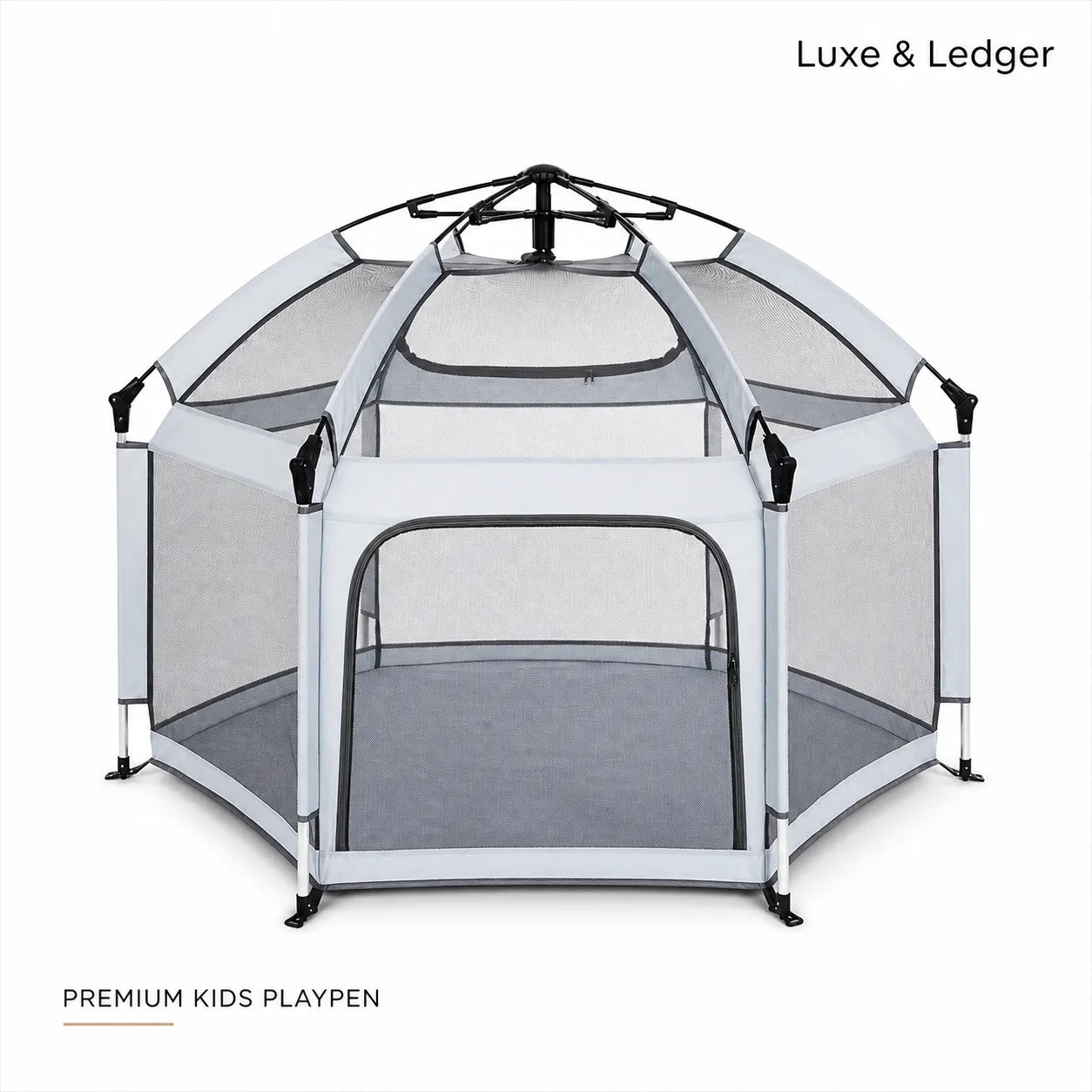 Premium kids playpen with mesh sides and white frame on a white background