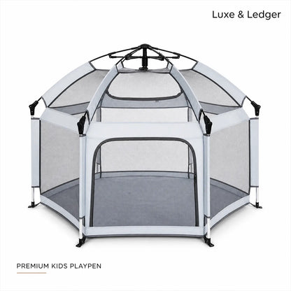 Premium kids playpen with mesh sides and white frame on a white background