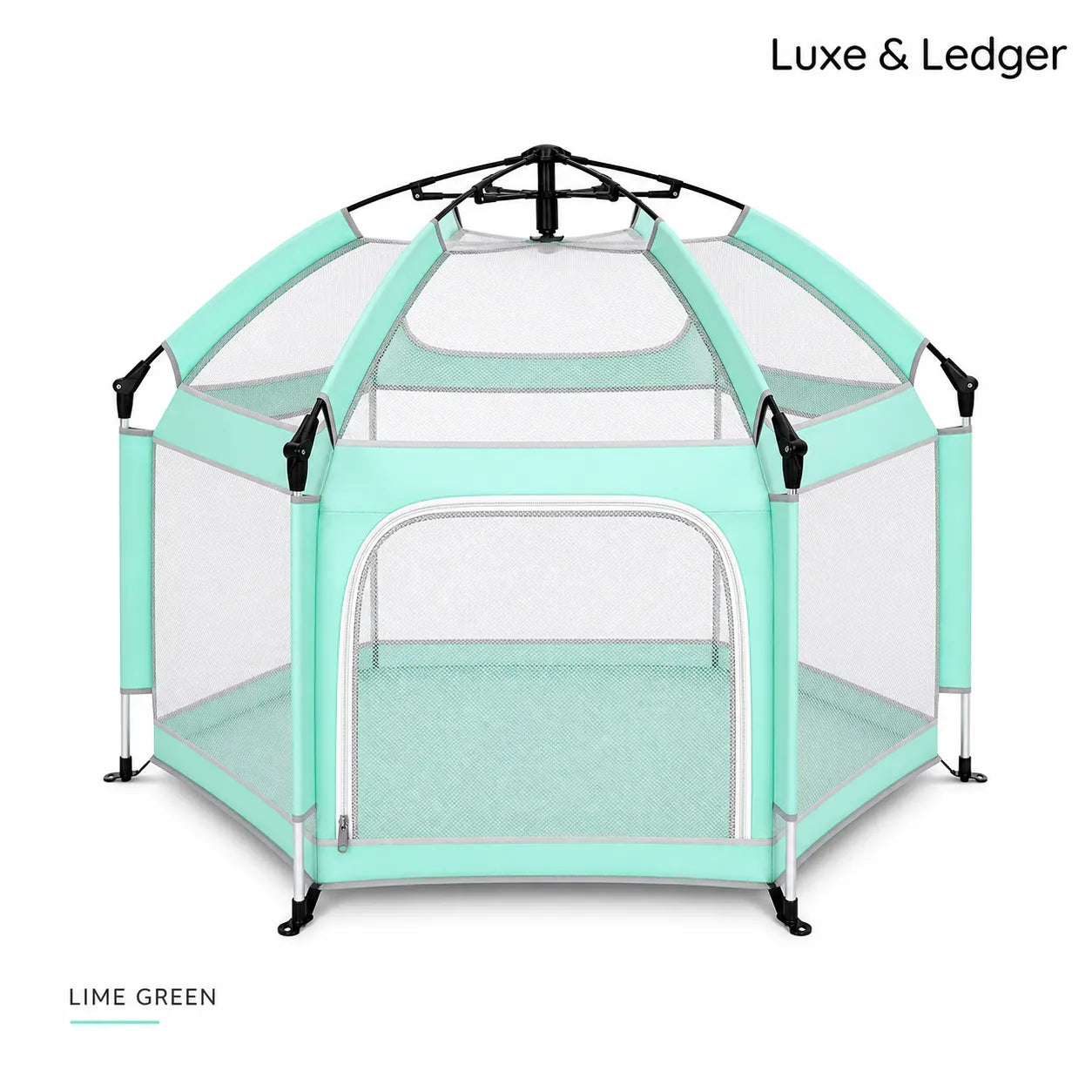 Lime green playpen with mesh sides on a white background