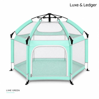 Lime green playpen with mesh sides on a white background