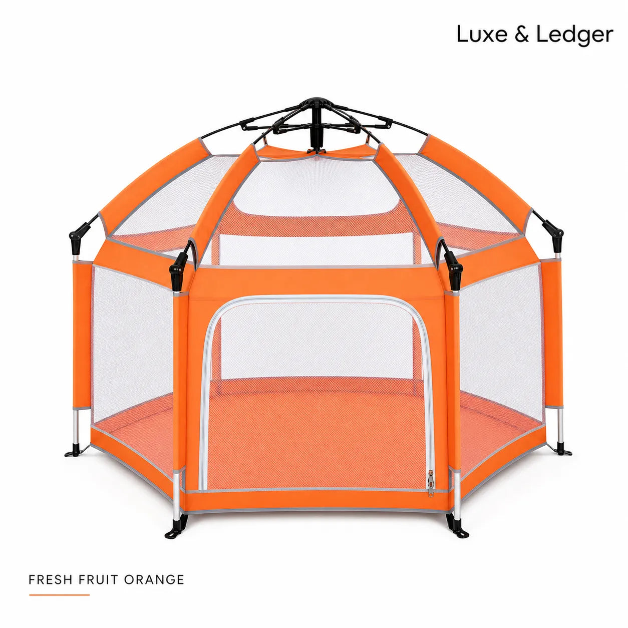 Orange playpen with transparent sides on a white background