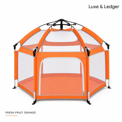Orange playpen with transparent sides on a white background