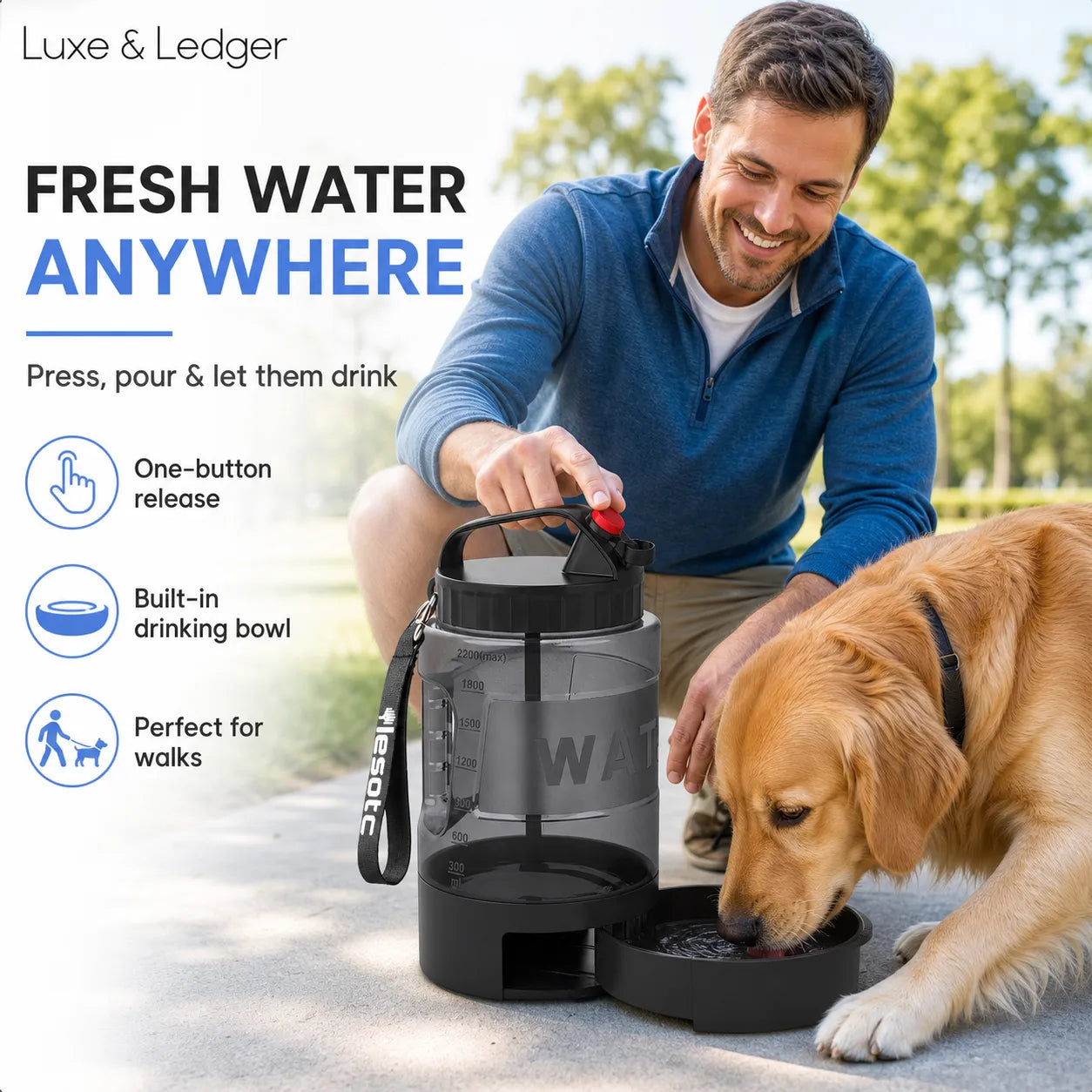 Man and dog with a portable water dispenser in an outdoor setting