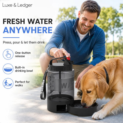 Man and dog with a portable water dispenser in an outdoor setting