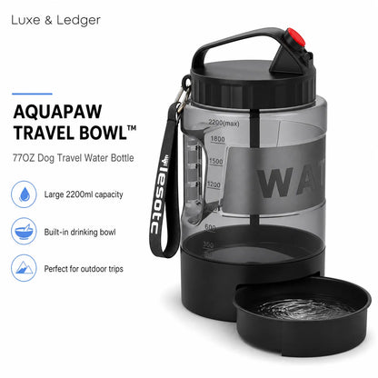 Aquapaw travel water bottle with built-in drinking bowl on a white background
