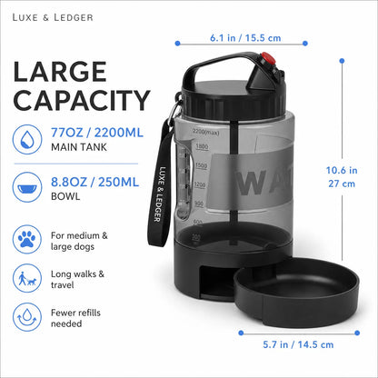Luxe & Ledger water bottle with measurements and features on a white background