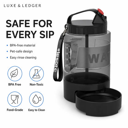 Black water bottle with pet bowl attachment and branding on a white background