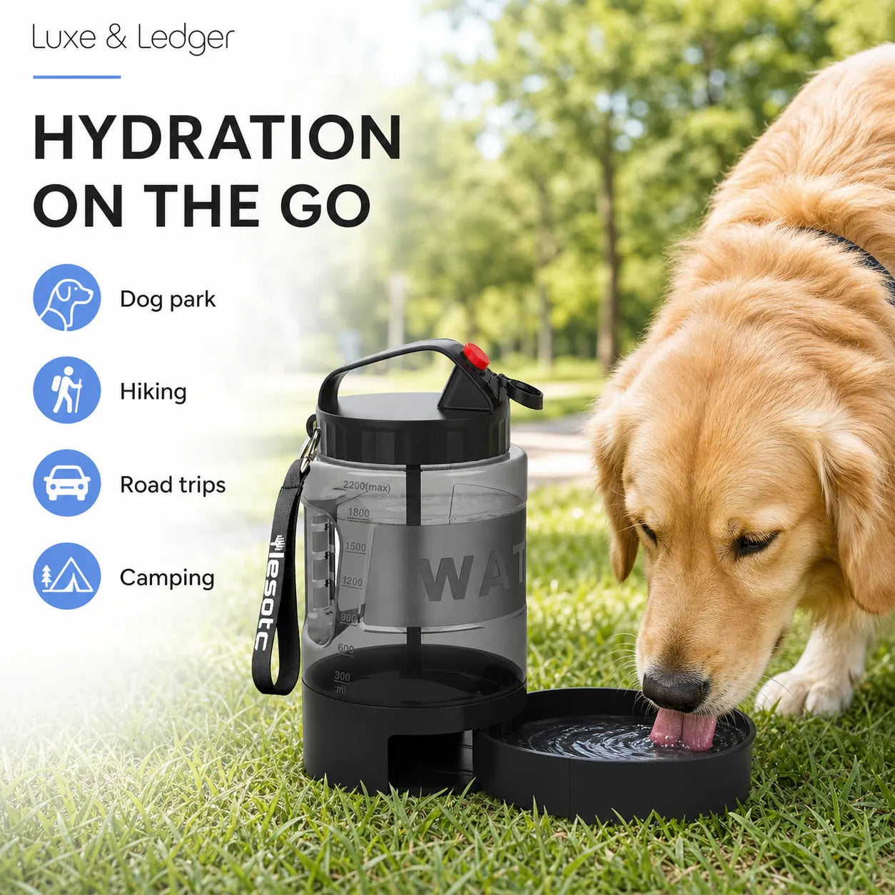 Dog drinking water from a portable water bowl with text 'Hydration on the Go' and icons for dog park, hiking, road trips, and camping.
