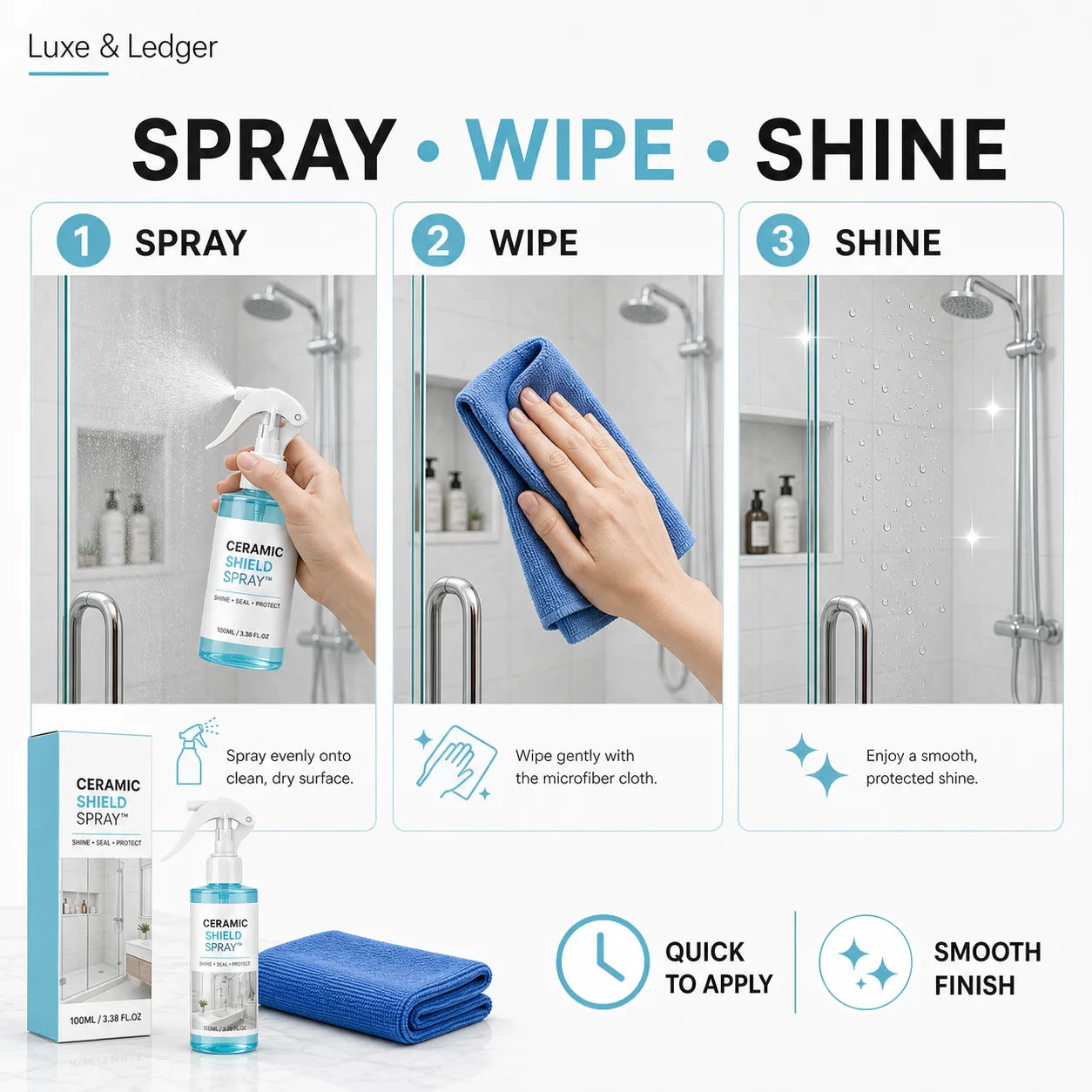 Step-by-step guide on how to use a ceramic shield spray and cloth for cleaning and shining surfaces.