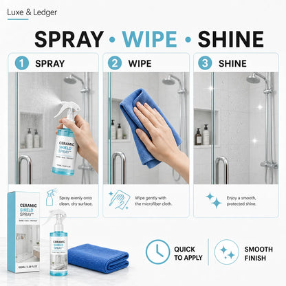Step-by-step guide on how to use a ceramic shield spray and cloth for cleaning and shining surfaces.