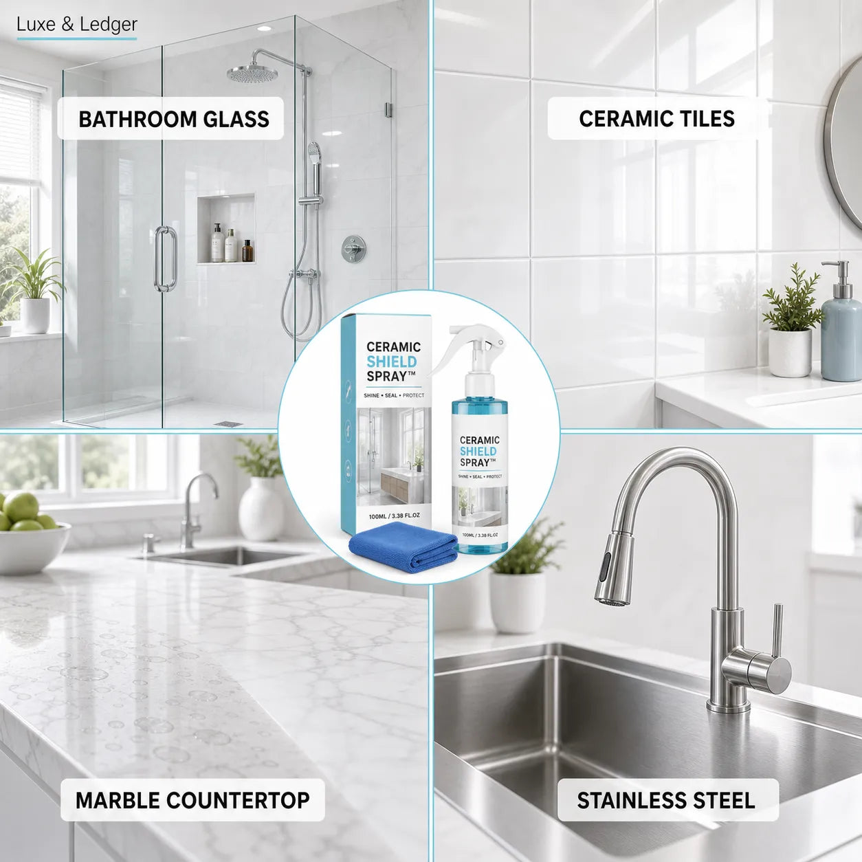 Ceramic Tile Cleaner packaging with bathroom and kitchen scenes labeled.