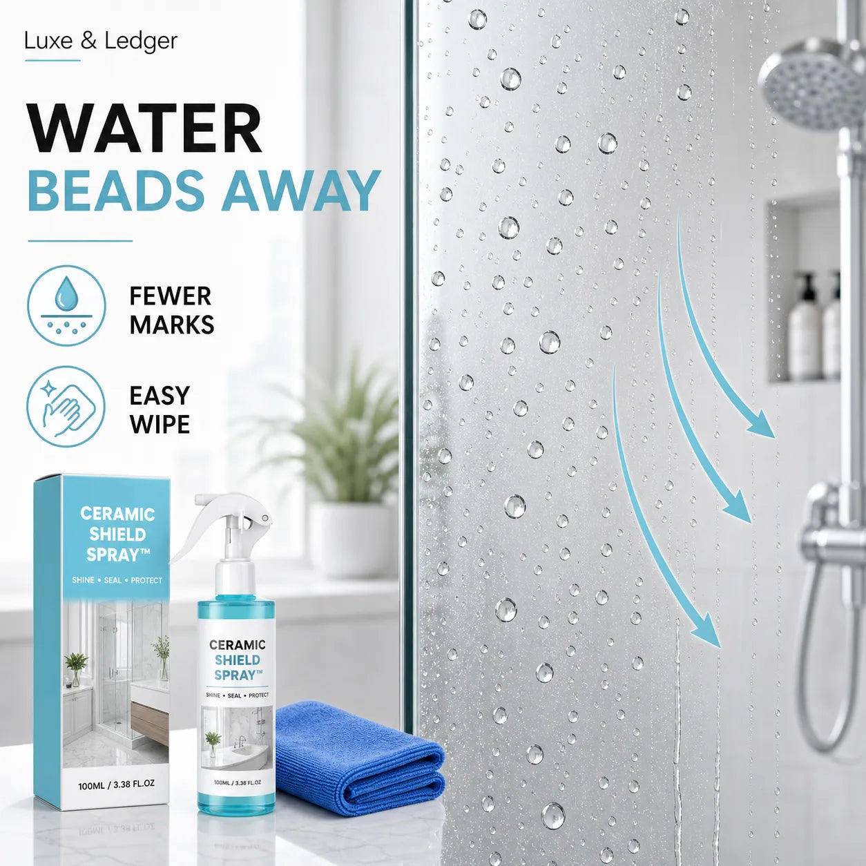 Ceramic shield spray with packaging and towel on a bathroom counter, showing water beads on a glass surface.