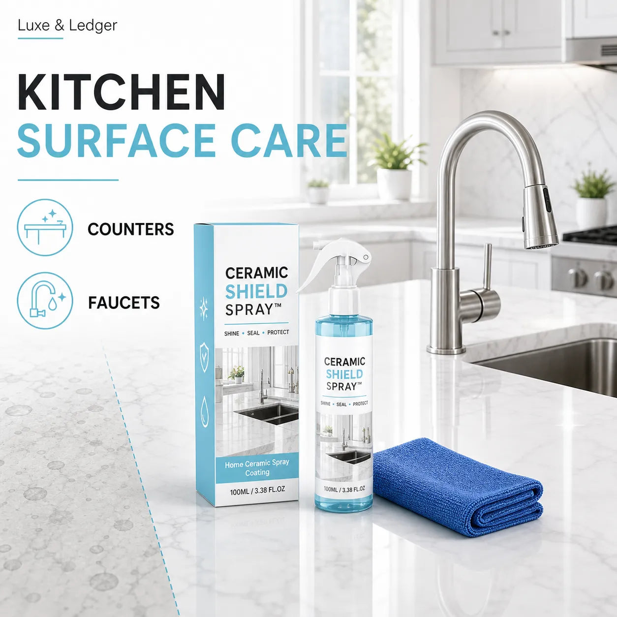 Ceramic Shield Spray for kitchen surface care with packaging and a blue cloth on a kitchen counter.