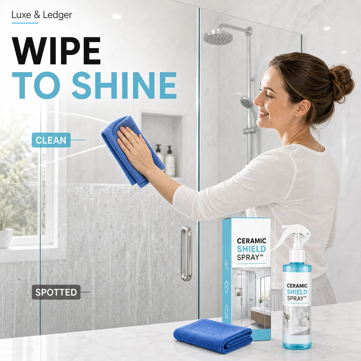 Woman cleaning a glass shower door with a blue towel, next to a bottle and box of Ceramic Shield Spray in a bathroom setting.