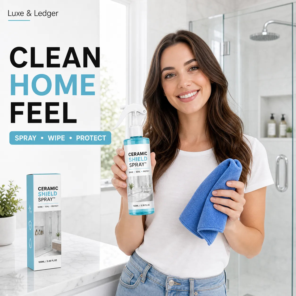 Woman holding a ceramic shield spray and a blue towel in a bathroom setting, with 'Luxe & Ledger' branding.