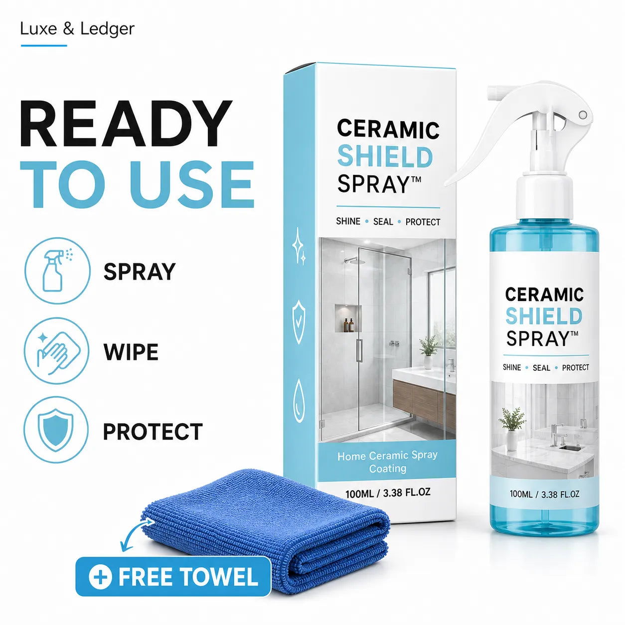 Ceramic Shield Spray packaging with bottle, towel, and box on a white background